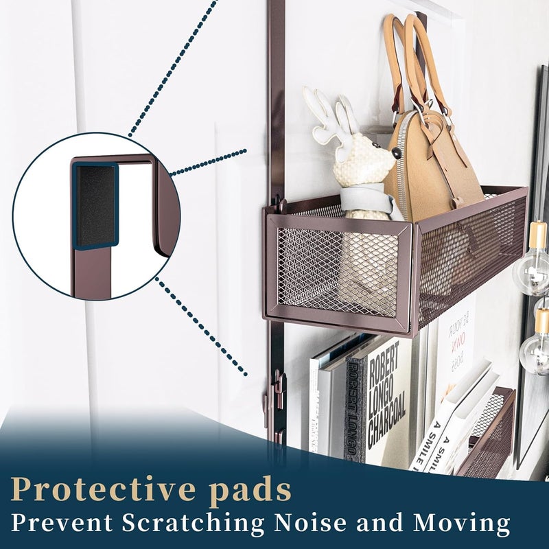 Consumest Over The Door Hooks Organizer - Extra Long Door Hanger with 9 Coat Hooks & 2 Mesh Basket, Back Storage Organizer Hanging Towels for Bathroom, Bedroom, Bronze (for 1.76in Doors) - Image 3